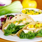 Fish tacos with red cabbage-apple slaw and  mango salsa