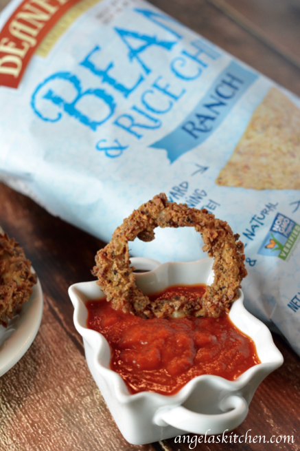 Gluten Free Dairy Free Baked Onion Rings with Beanfields Vegan Ranch Chips